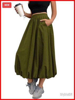 Womens Bubble Skirt Elastic Waist Puffy Hem A-Line Long Skirt with Pockets